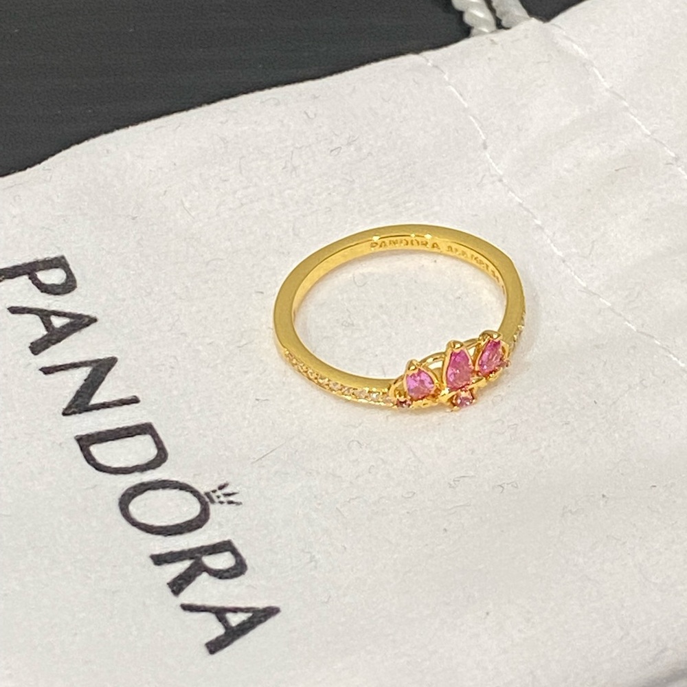 Pandora Gold Ring with Pink Teardrop Stones and Pavé Shoulders